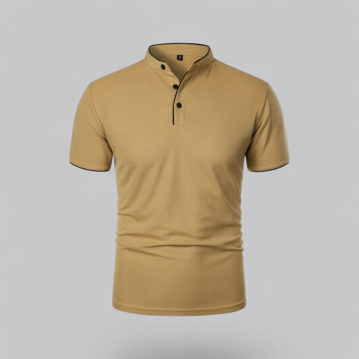 Men's modern mandarin style collarless polo top, short sleeve, relaxed fit for casual wear.