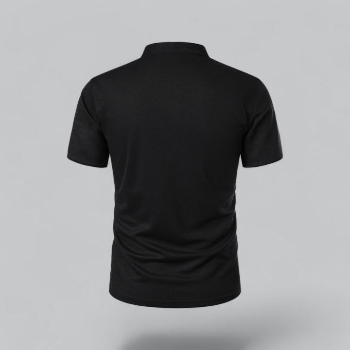 Khaki men's modern mandarin polo top, collarless design, short sleeve, for a relaxed casual look.