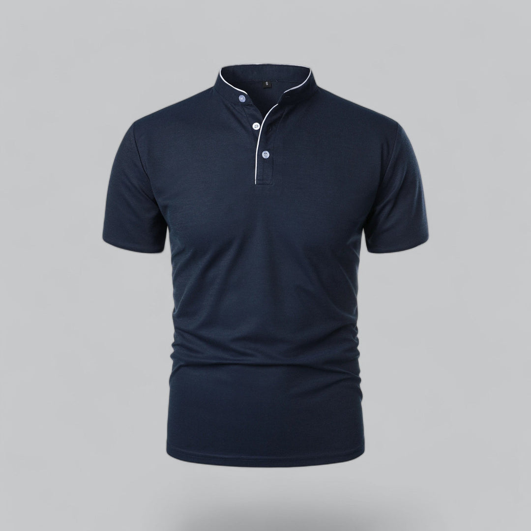 Navy blue men's relaxed fit polo shirt, collarless mandarin style, everyday casual men's wear.