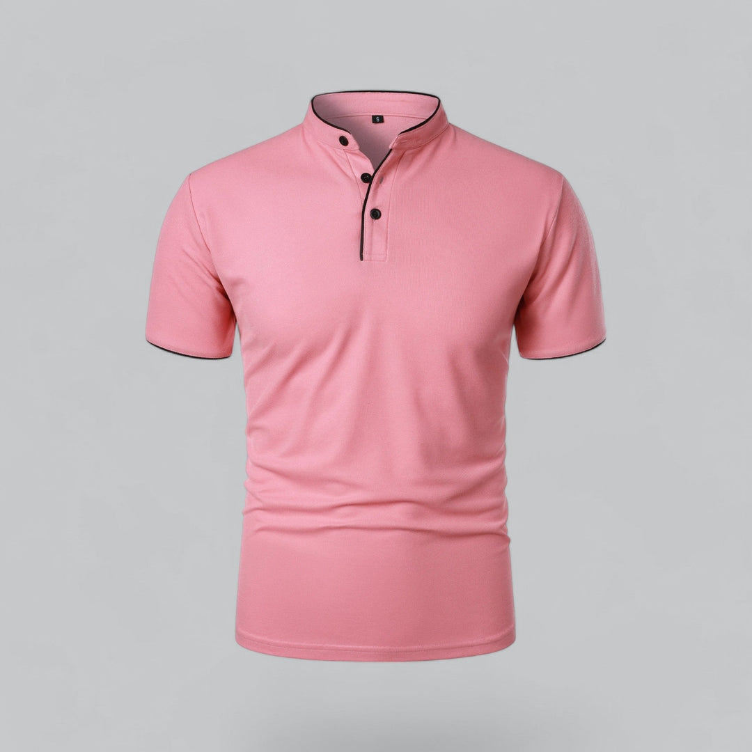 Men's collarless polo top, soft fabric, modern mandarin style, short sleeve, relaxed fit for comfort.