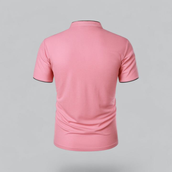 Khaki men's casual collarless polo, modern mandarin style, short sleeve for summer comfort and style.