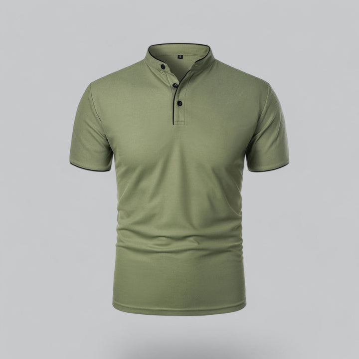 Navy blue men's collarless polo top, mandarin style, button-up, relaxed fit for comfortable everyday wear.