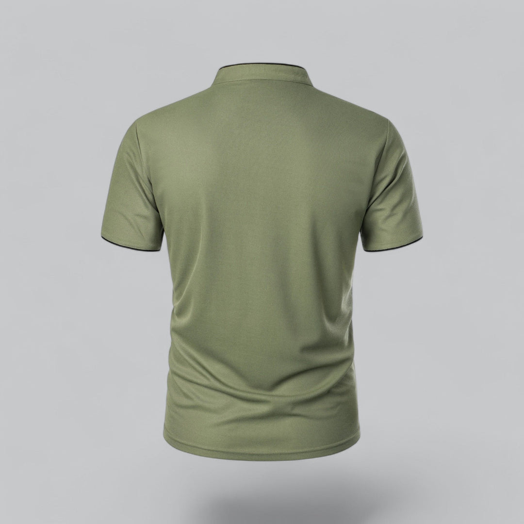 Versatile men's collarless polo, modern mandarin style, short sleeve, ideal for casual and smart-casual.