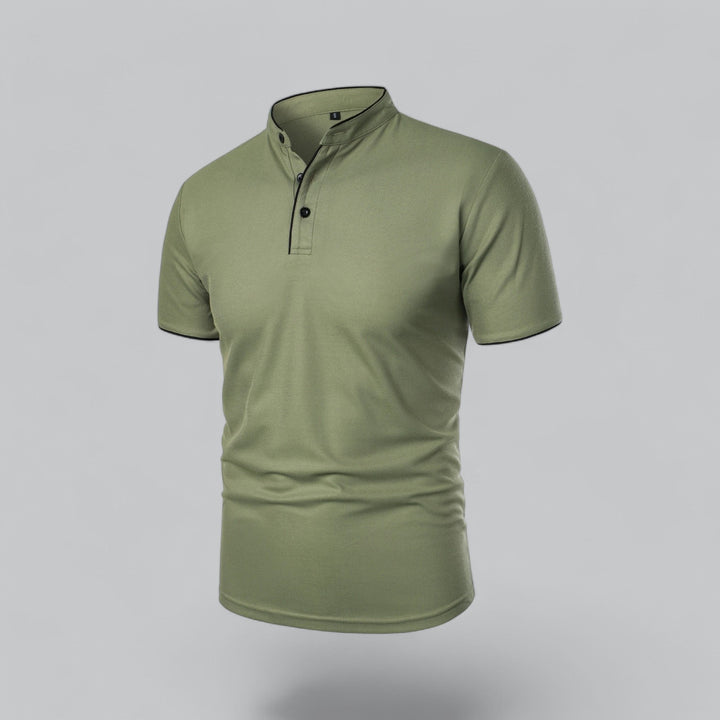 Comfortable men's relaxed fit polo shirt, collarless mandarin style, short sleeve, summer ready in black.