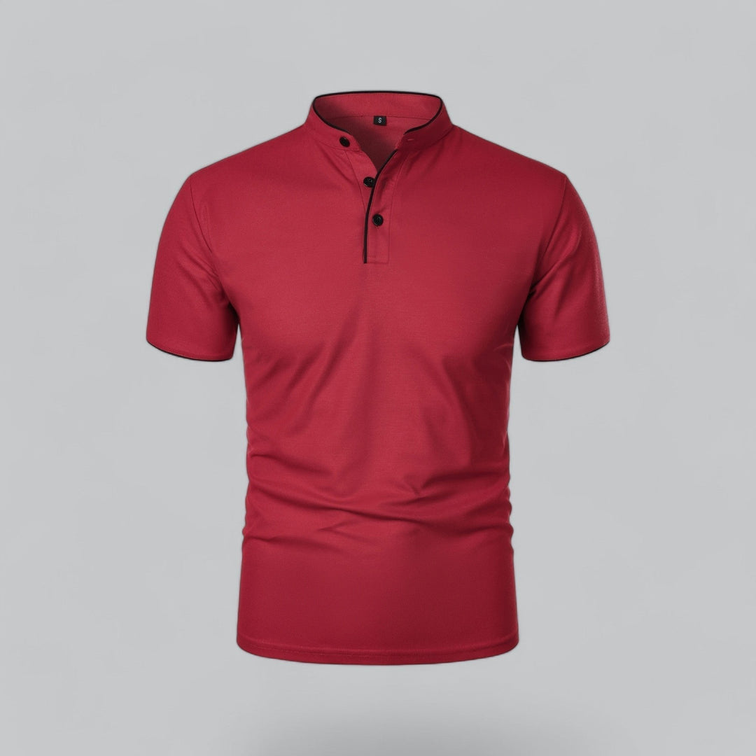 Modern men's casual polo top, collarless with mandarin style, short sleeve, available in navy blue.