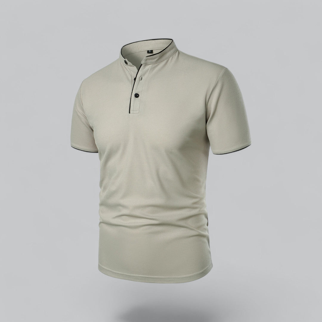 Men's button-up collarless polo, mandarin style, short sleeve, versatile casual top for men.