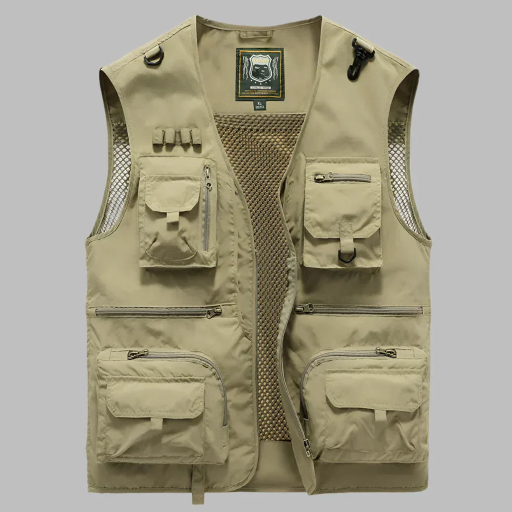 Durable men's outdoor vest with multiple pockets for hiking, camping & adventure travel. Practical utility gear & outerwear.