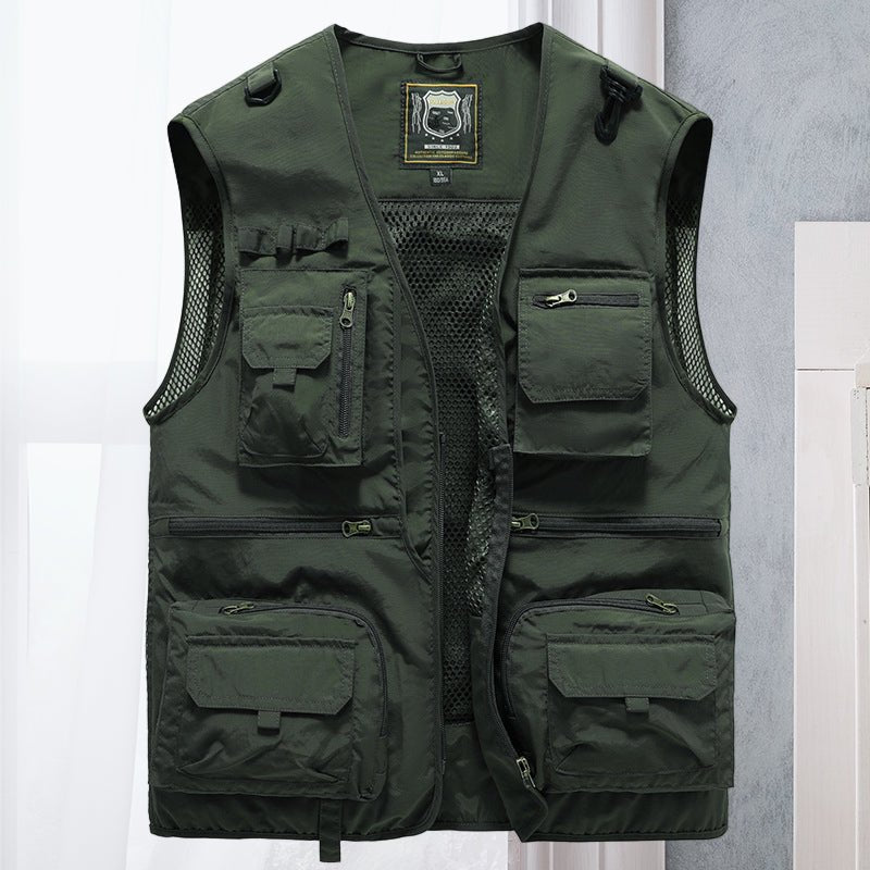 Practical men's multi-pocket travel vest, designed for secure storage of outdoor essentials.