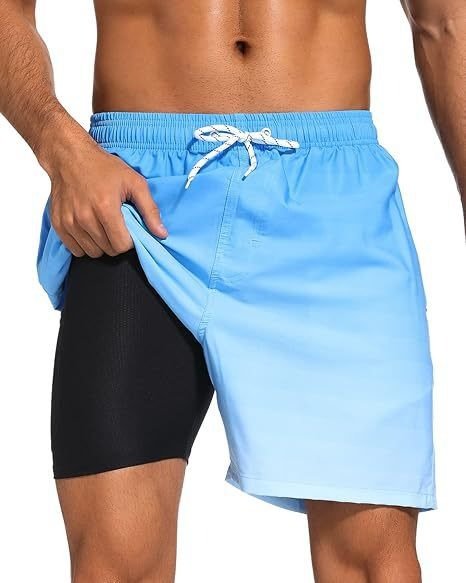 Athletic men's quick-dry swimwear shorts with integrated compression for water sports and active use.
