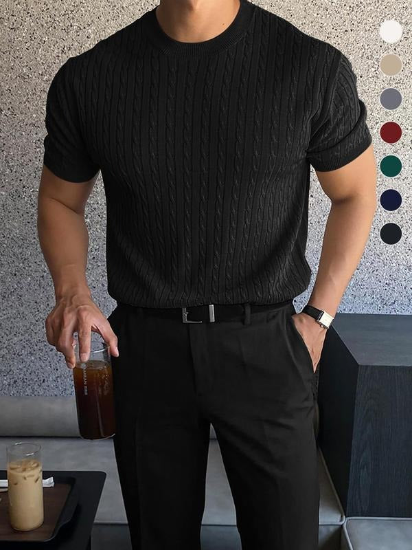 Men's textured cable knit short sleeve tee. Soft knit fabric, crew neck. Perfect casual top.