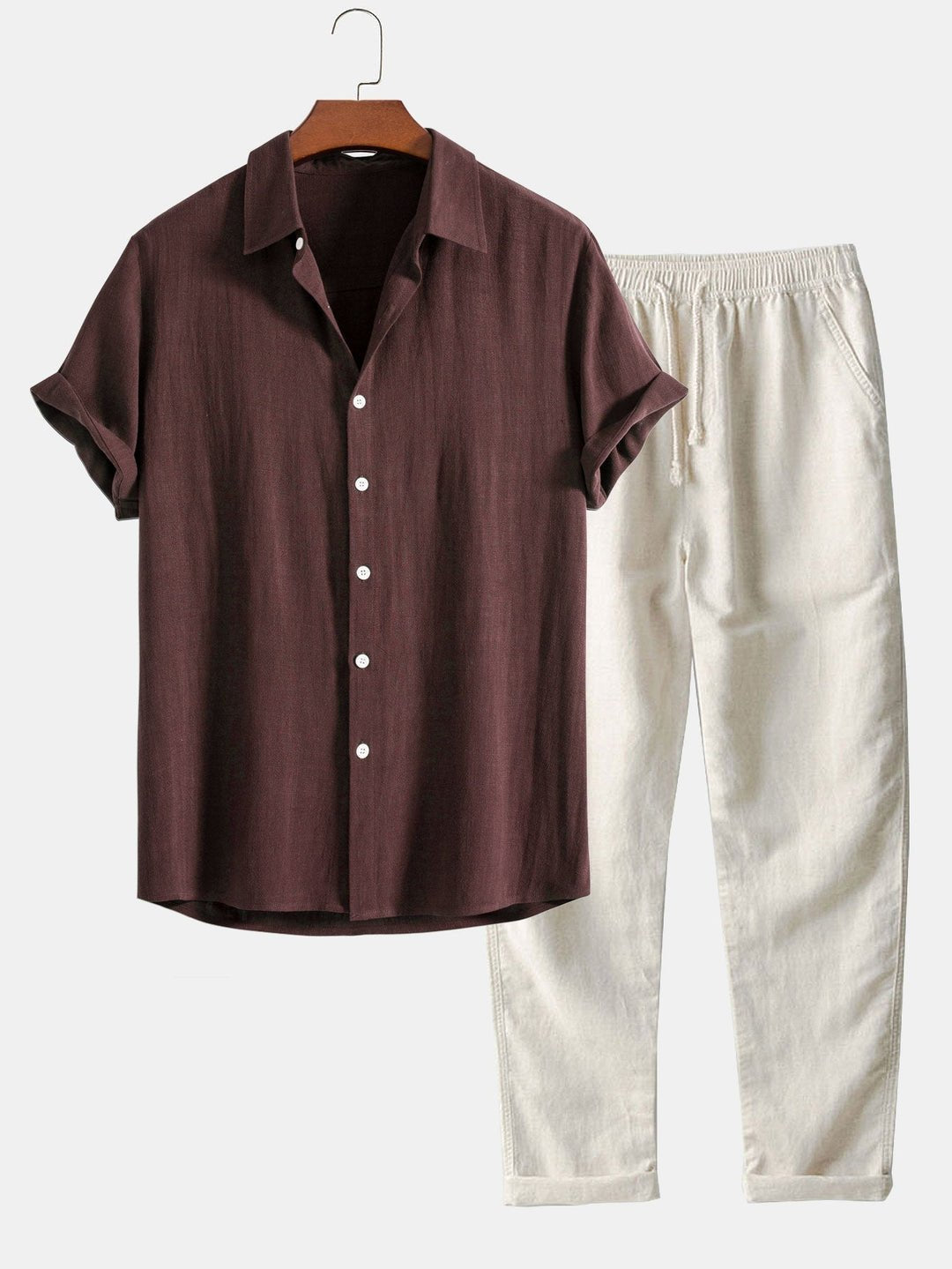 Full shot of a men's casual two-piece co-ord set with a band collar shirt and matching trousers.