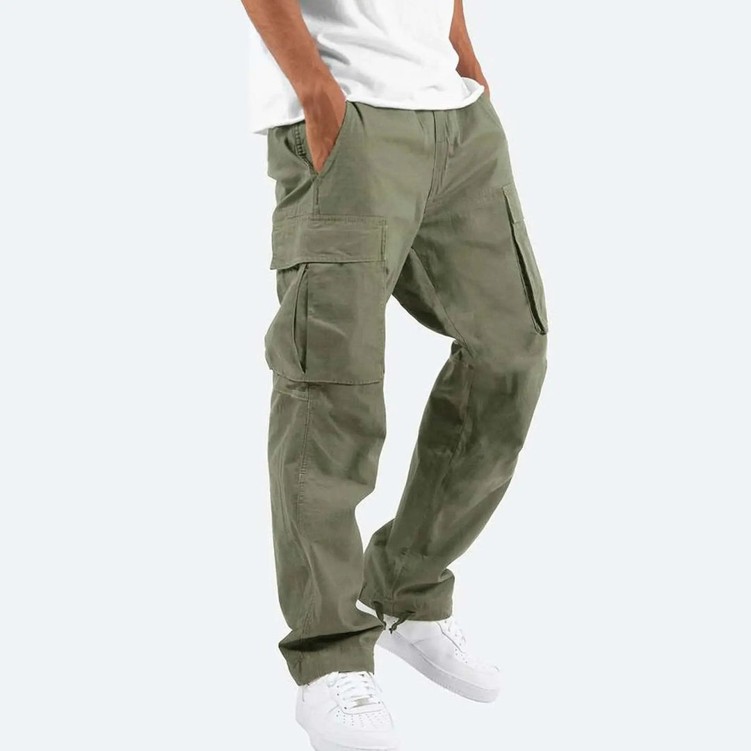 Durable men's utility cargo pants with adjustable drawstring waist, ideal for outdoor activities & comfort.