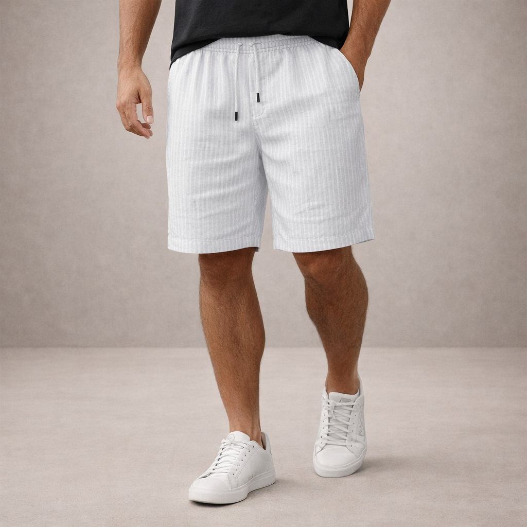 Men's relaxed fit drawstring summer shorts, knee-length for casual wear & beach vacations.