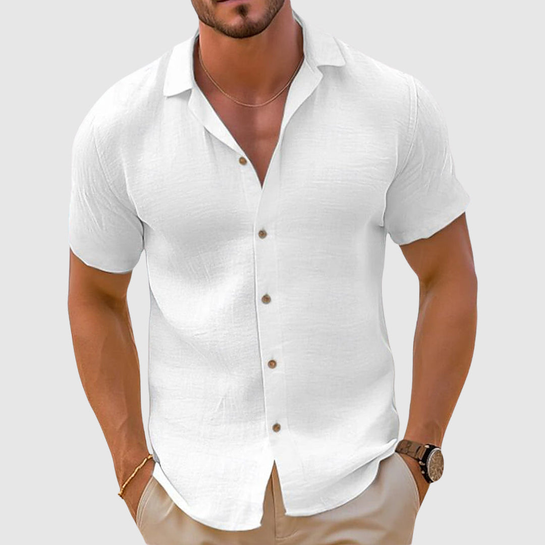 Stylish men's collared linen shirt. Relaxed fit button-down, great for effortless casual summer and everyday wear.