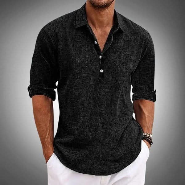 Stylish men's henley top, a versatile long sleeve shirt with a lapel collar & relaxed fit for casual fashion.