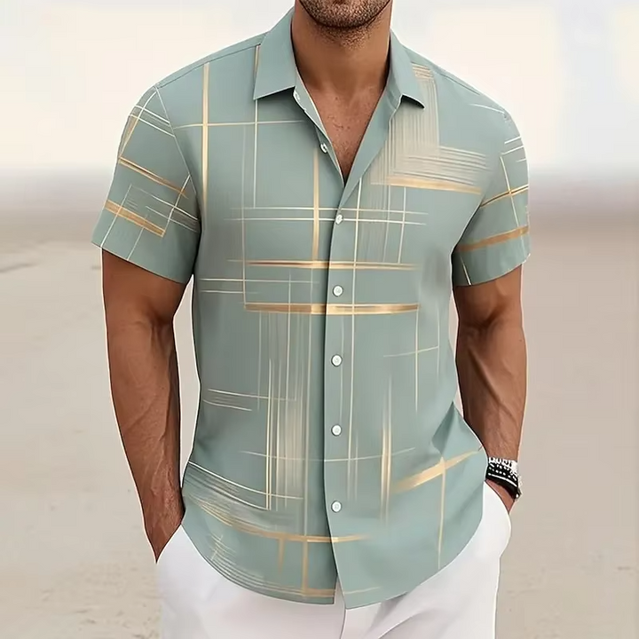 Relaxed fit men's polo shirt, featuring a unique geometric print. Ideal for comfortable, casual summer wear.
