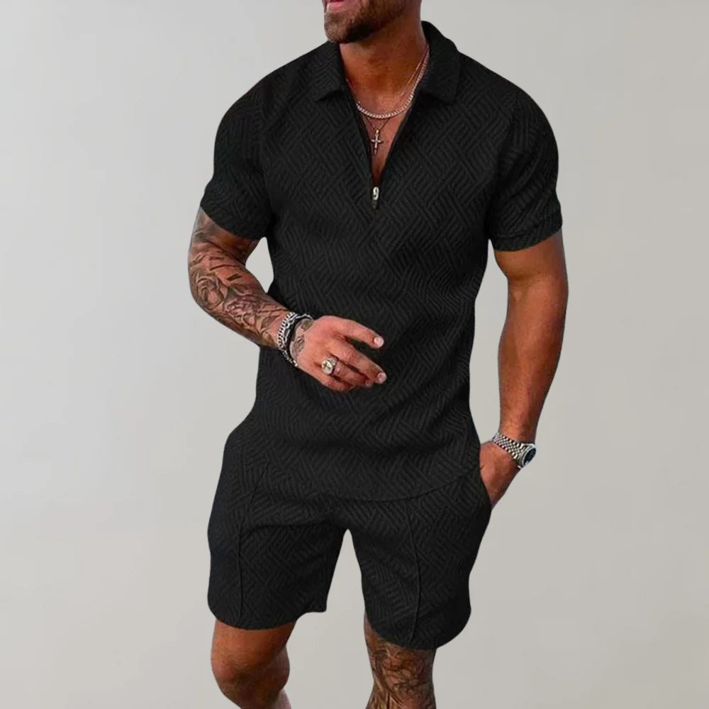 Stylish men's summer co-ord set with a relaxed fit shirt and casual shorts. Comfortable two-piece loungewear.