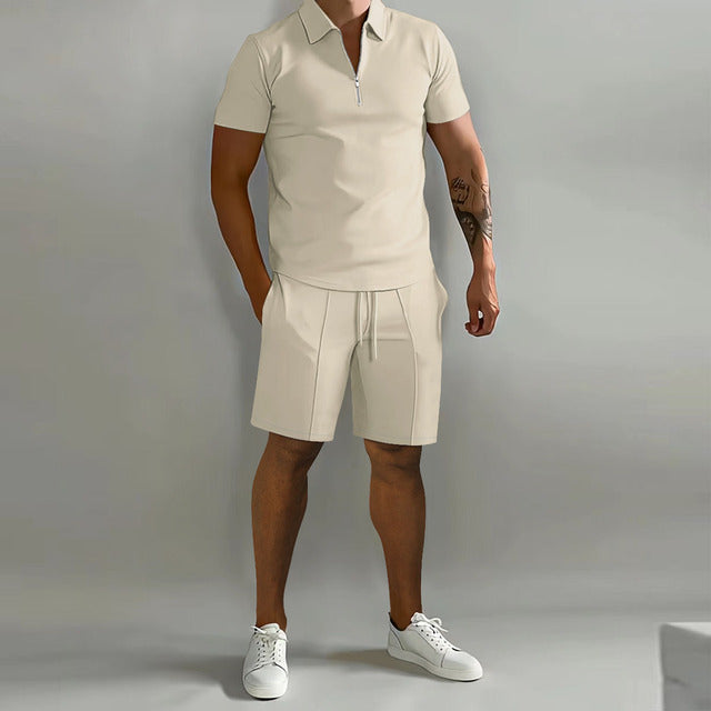 Men's ribbed zip polo & drawstring shorts 2-piece summer set. Casual matching outfit for comfort.
