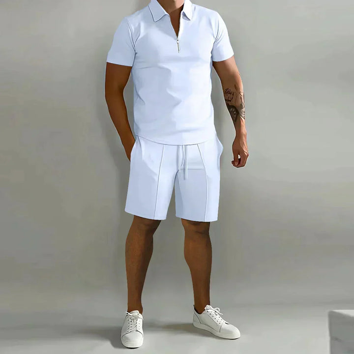 Close-up of men's ribbed short sleeve zip polo shirt, showing comfortable summer fabric.