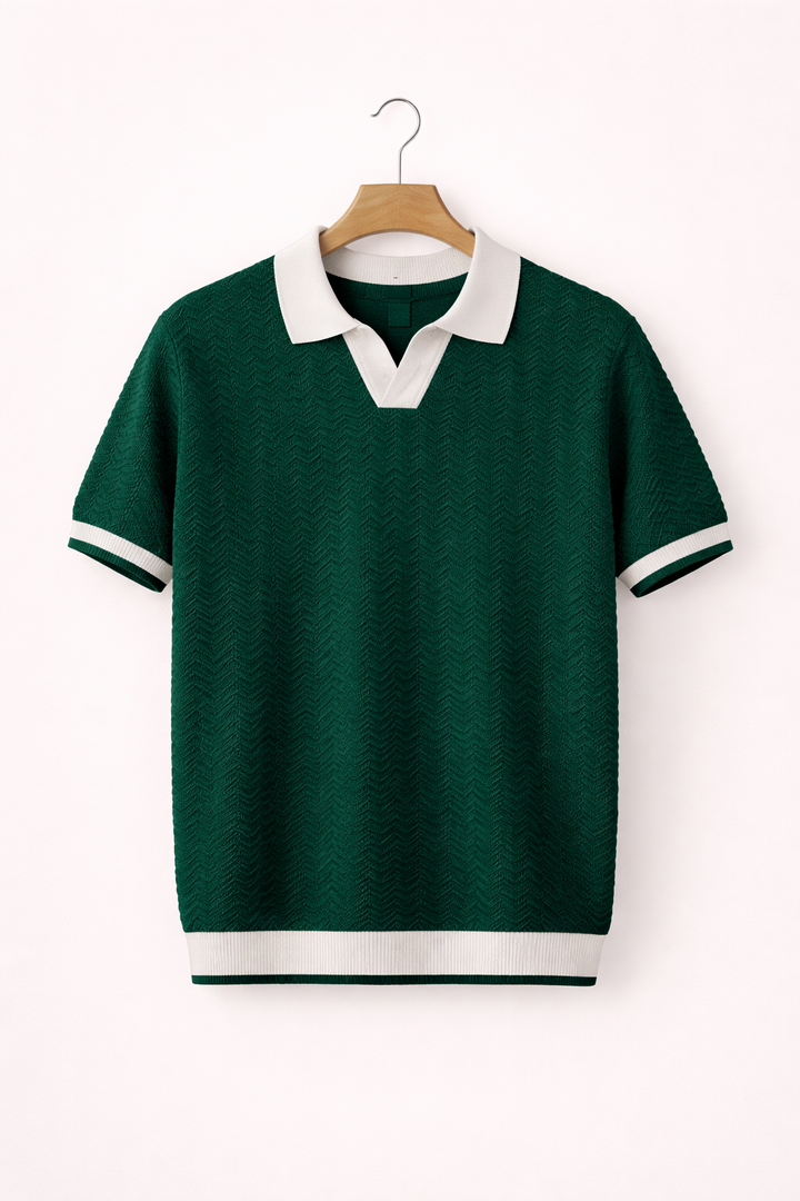 Close-up of men's short sleeve polo, showing comfortable modern fit & quality collared design.