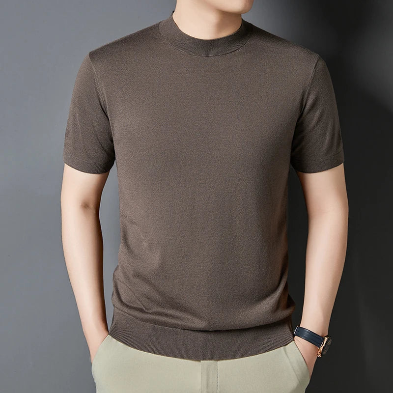 Stylish men's mock neck tee, slim fit, short sleeve, ideal for summer & spring fashion.