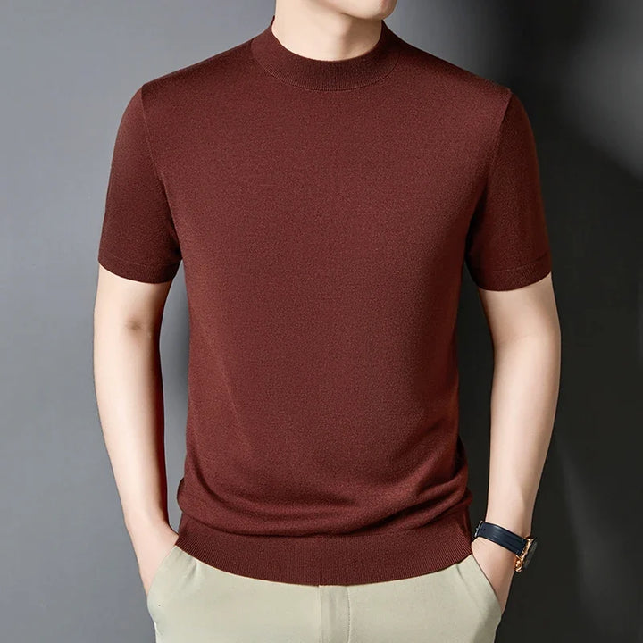 Modern men's slim fit casual top, short sleeve, mock neck, for a sleek look.