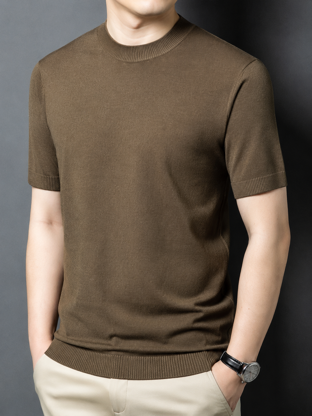 Everyday men's short sleeve mock neck t-shirt, slim fit, a spring fashion essential.