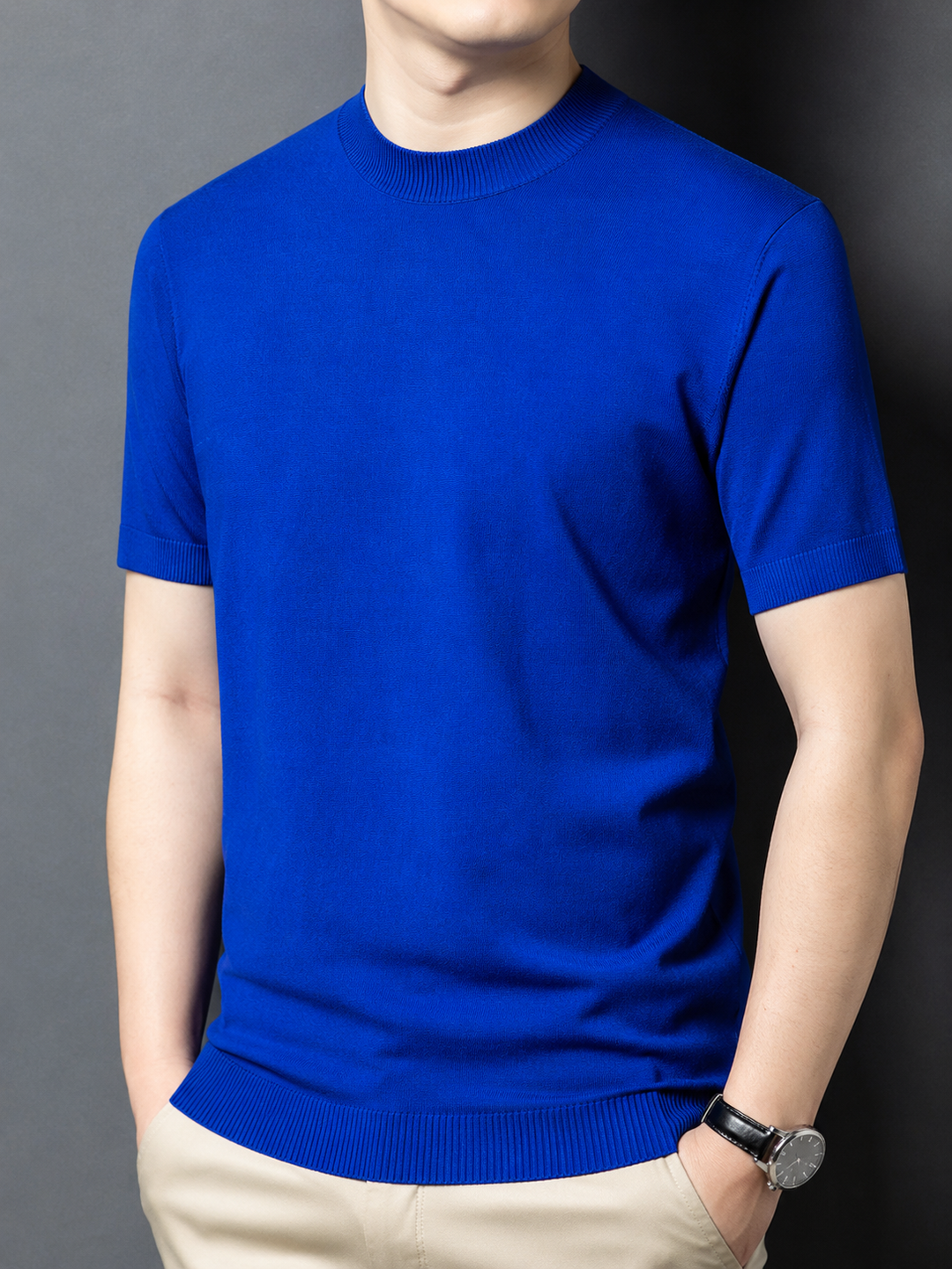 Close-up of the mock neck collar on a men's slim fit short sleeve casual top.