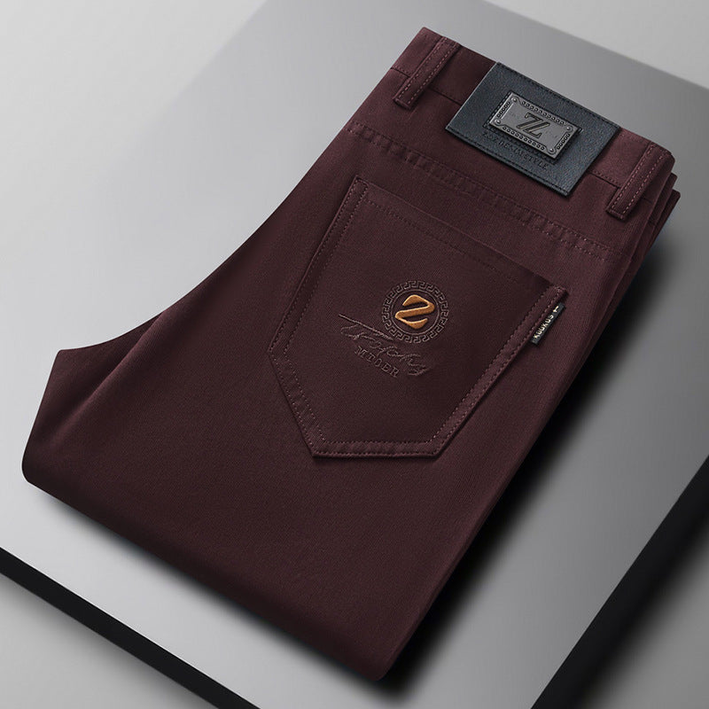 Khaki men's slim-fit stretch comfort pants. Ideal cotton blend trousers for casual and smart casual men's fashion.