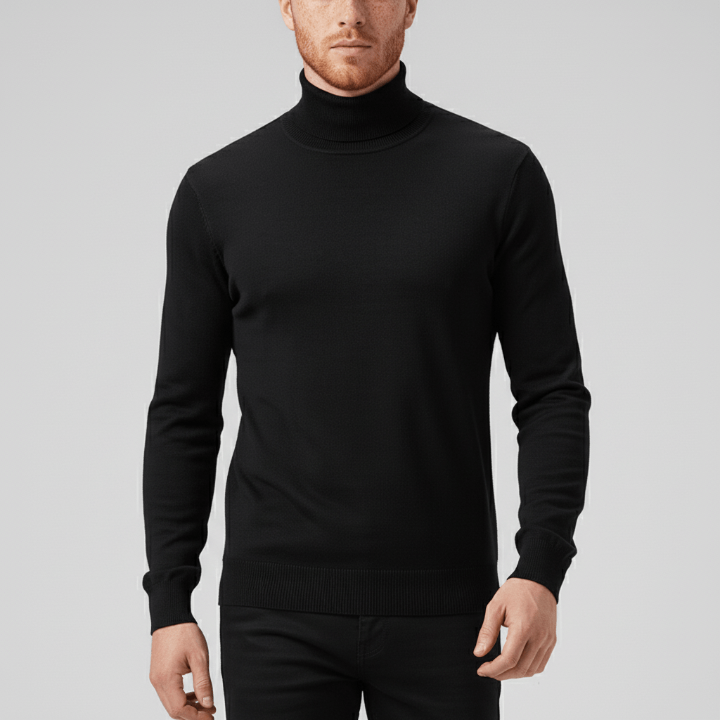 Men's slim-fit turtleneck sweater. A stylish, warm winter top, perfect for layering and modern casual fashion.