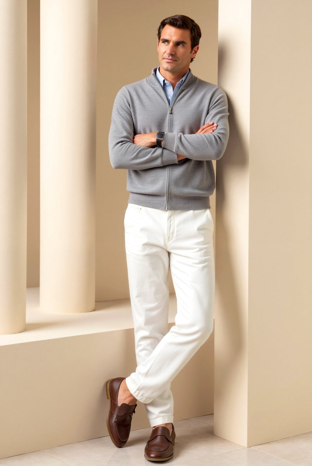Detailed view of a men's slim fit zip-up jacket, stand collar. A stylish, lightweight choice for men.