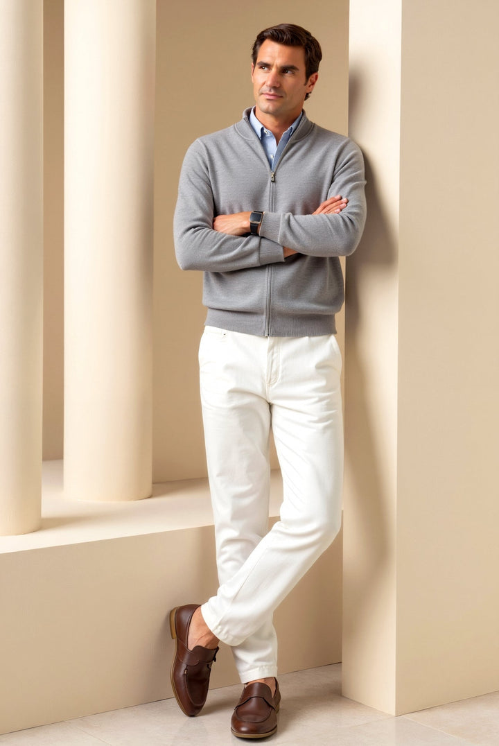 Detailed view of a men's slim fit zip-up jacket, stand collar. A stylish, lightweight choice for men.