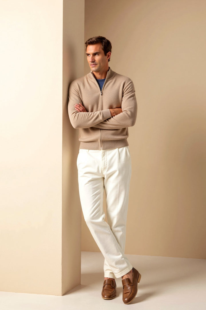 Full shot: Man wearing a stylish slim fit zip-up jacket with stand-up collar. Perfect for modern fall/spring.