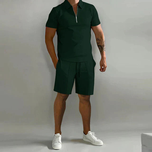 Lightweight men's smart casual summer set: polo with zipper detail and matching breathable shorts for comfort.