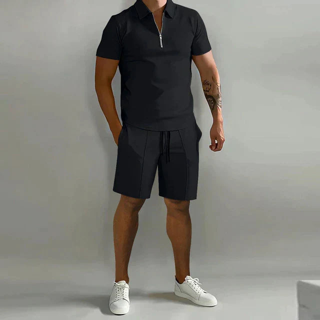 Versatile men's summer outfit set (Todd): smart casual polo & shorts, ideal for relaxed or semi-formal events.