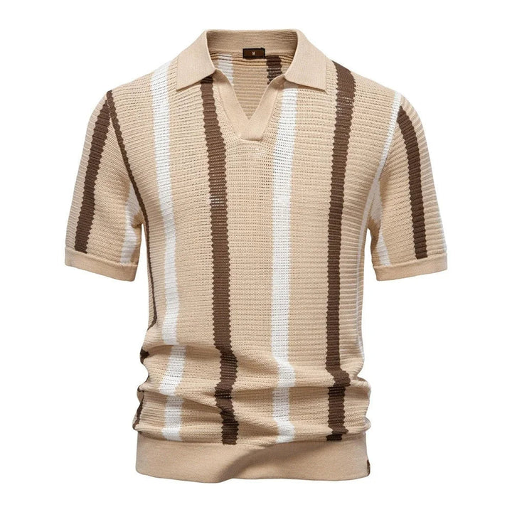 Casual men's striped short sleeve polo. Relaxed fit knit V-neck shirt, a comfortable summer top.