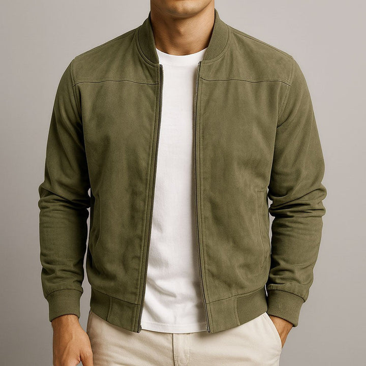 Versatile men's structured bomber jacket, great for layering and achieving a sharp, tailored style.