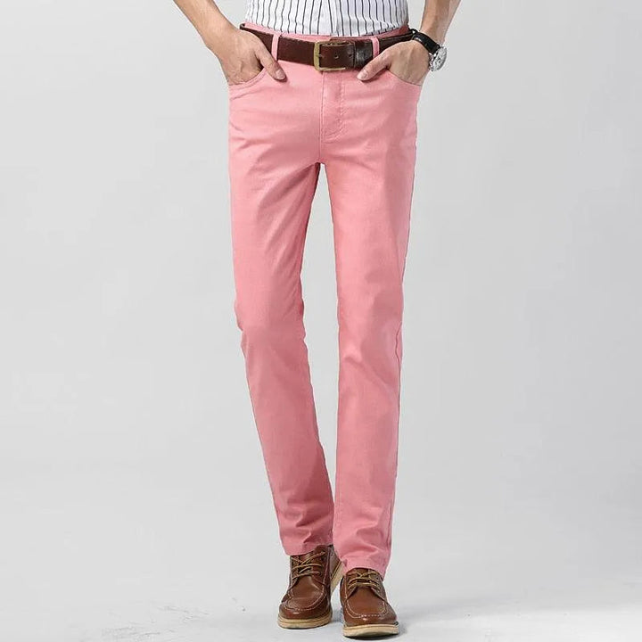 Soft cotton blend men's colored trousers. Comfort fit, breathable pants ideal for all-day wear & style.