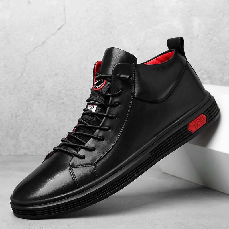 Men's red accent high-top sneakers, a blend of comfort & style, perfect for contemporary fashion.