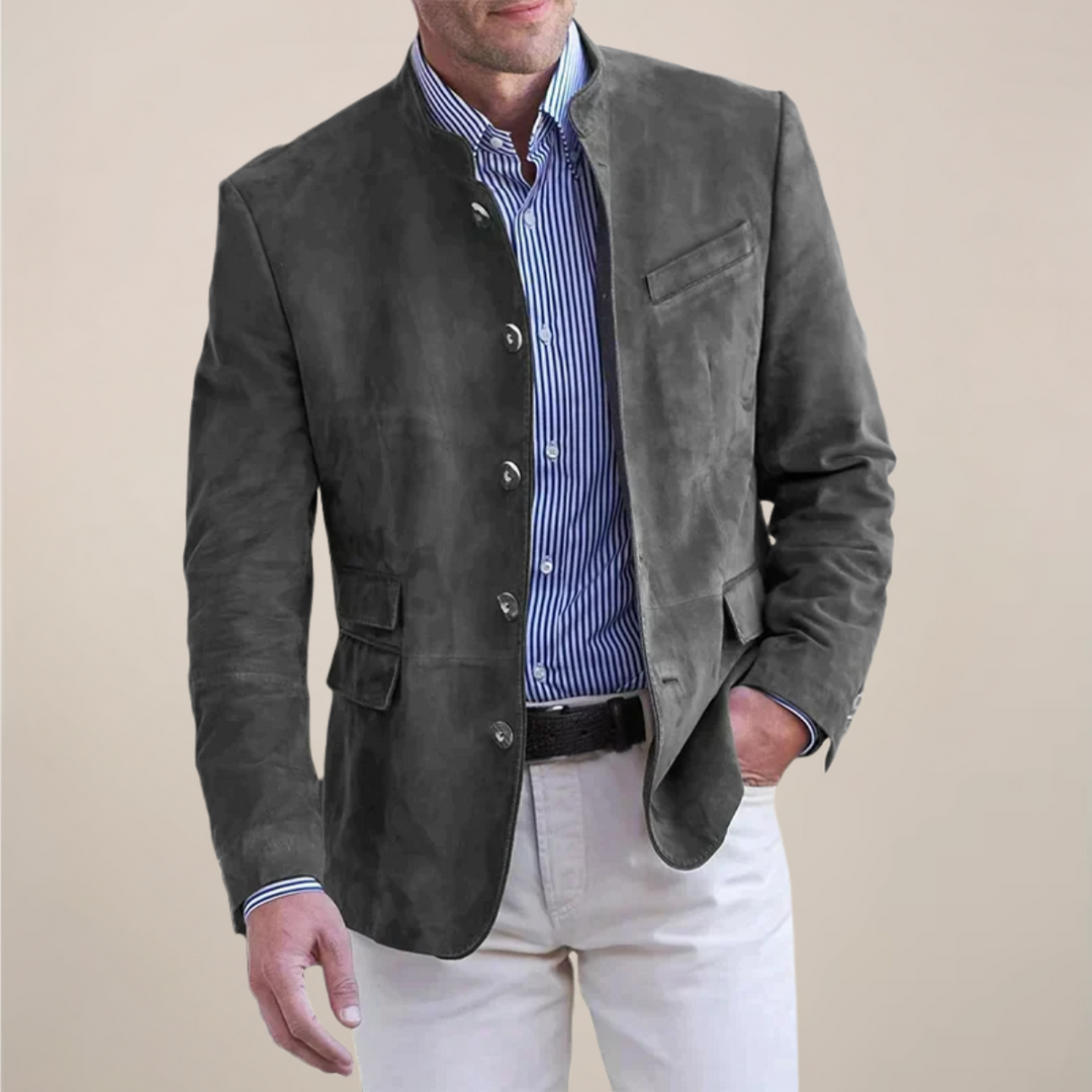 Modern men's stand collar blazer, a fashionable outerwear piece for stylish professional or casual looks.