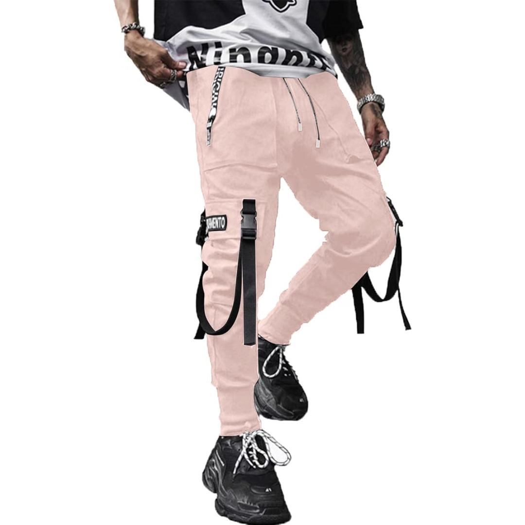 Black men's tactical cargo joggers, ideal urban streetwear pants with practical multi-pockets for modern style.