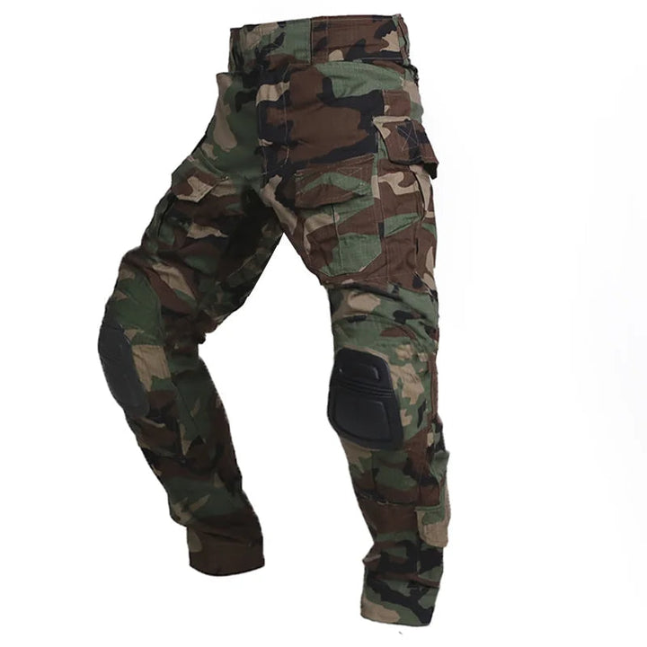 Close-up of integrated knee pads on men's tactical cargo pants, built for tough jobs & trails.