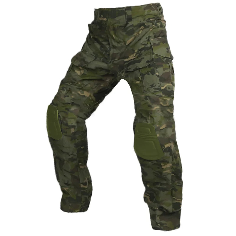 Full shot of men's military style cargo pants with functional knee pads for outdoor use.