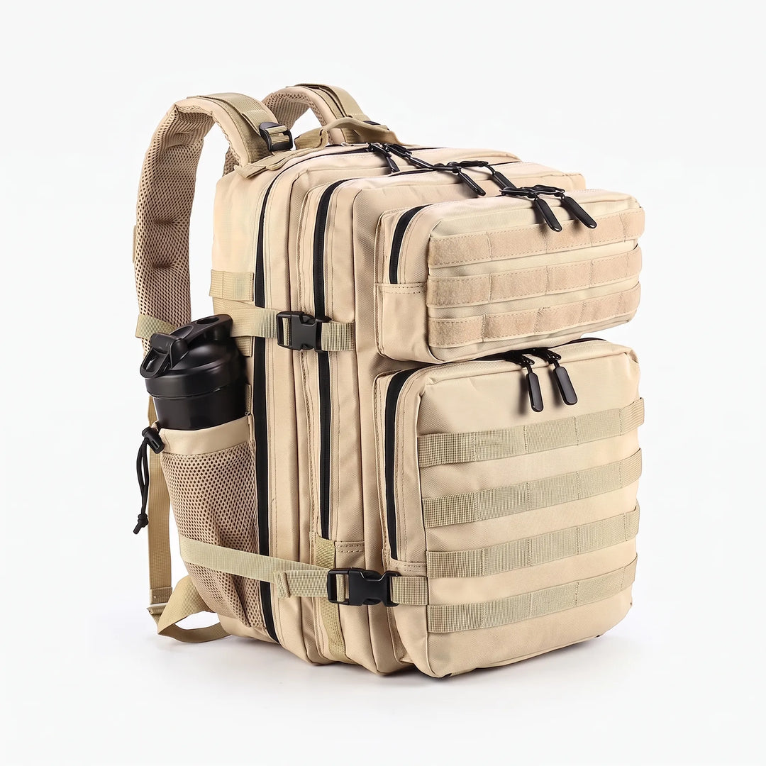 Adventure-ready men's tactical pack with MOLLE system & compression straps for outdoor gear.