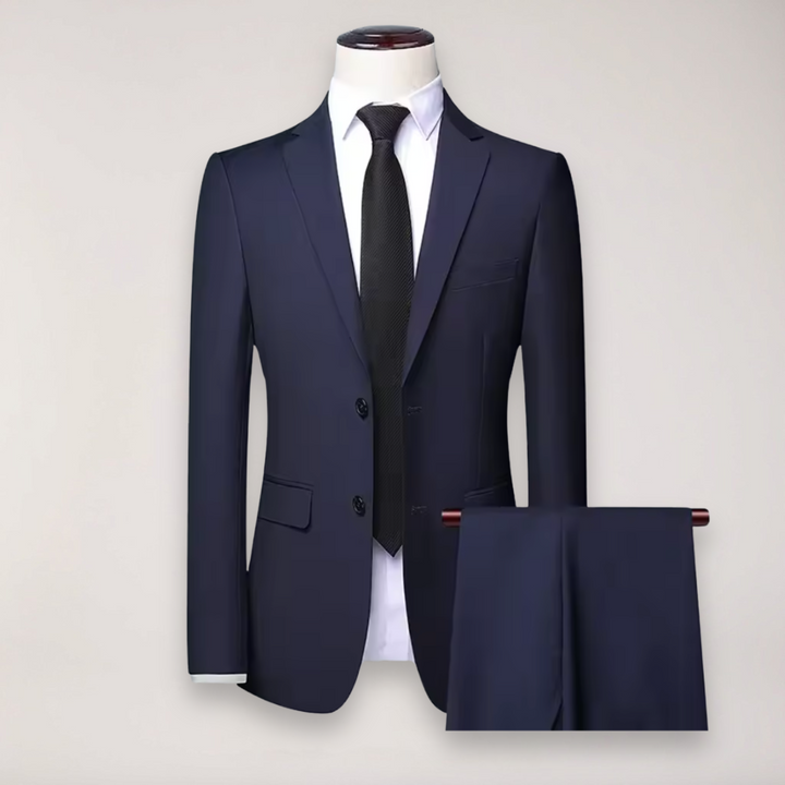 Professional men's formal suit; tailored blazer & trousers ideal for business meetings & formalwear.