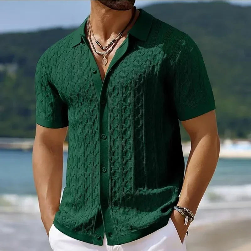Men's textured knit polo shirt in a versatile short-sleeve design for effortless smart-casual spring & summer style.