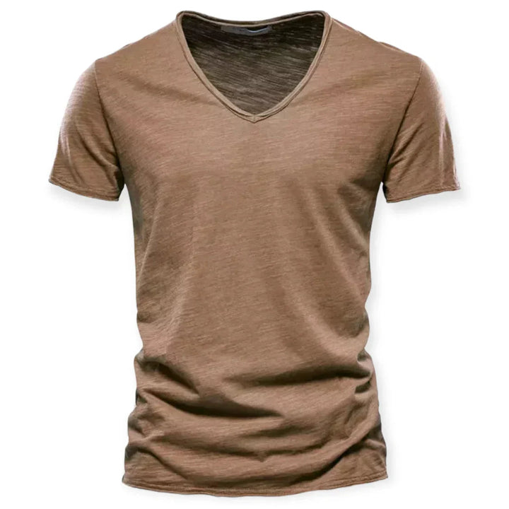 Casual men's V-neck t-shirt, ideal for layering or stand-alone everyday style. Breathable short sleeve top.