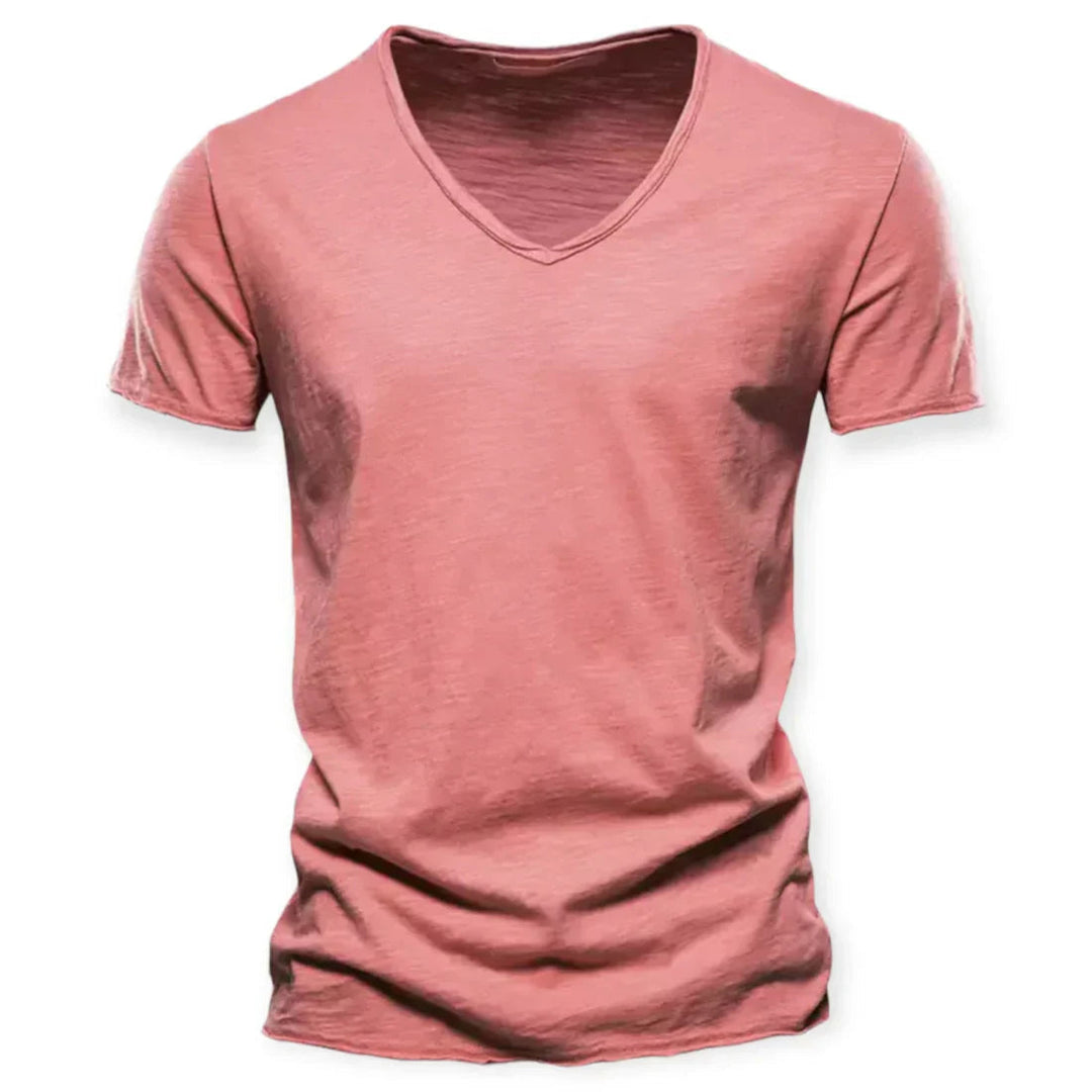 Stylish men's V-neck t-shirt, solid color, offering versatile and breathable everyday casual wear.