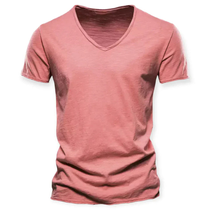 Stylish men's V-neck t-shirt, solid color, offering versatile and breathable everyday casual wear.
