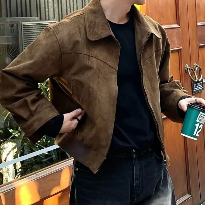 Men's brown casual zip jacket, offering a classic vintage look suitable for all-day comfort.